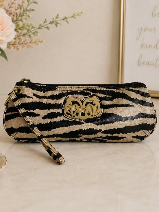 Carlos Santana Handbags - Carlos Santana Zebra Print Wristlet Clutch Animal Print Gold Accent